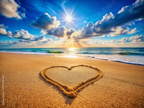 Romantic Heart Drawn in Sand on a Sunny Beach Coastline