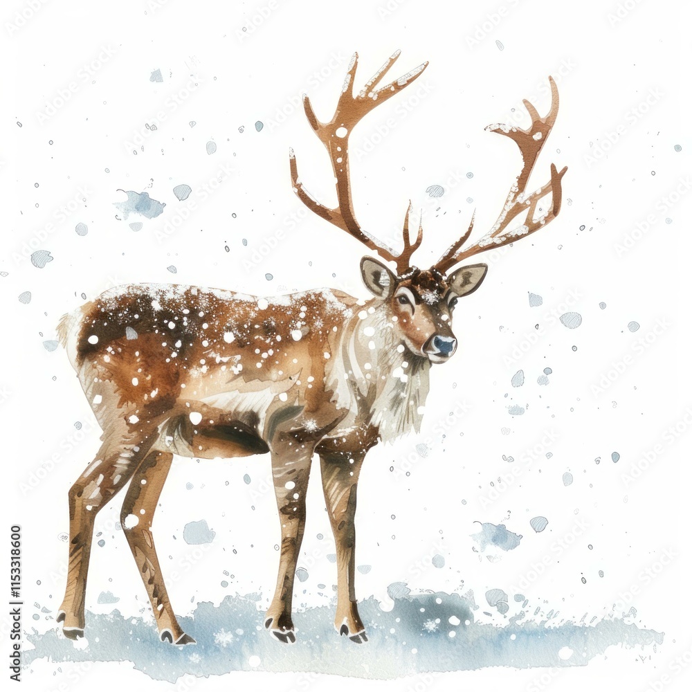 Obraz premium Reindeer with large antlers standing in falling snow, a watercolor painting perfect for winter and christmas themes