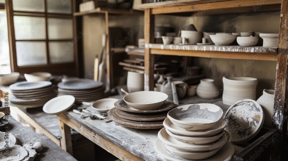 A serene workshop with tools for creating handmade ceramic pottery, including wheels, kilns A serene workshop with tools for creating handmade ceramic pottery, including wheels, kilns