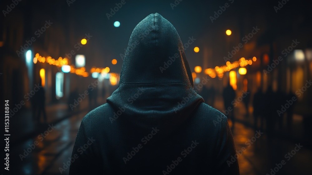 Hooded figure walking alone at night in a city street. Hooded figure walking alone at night in a city street.