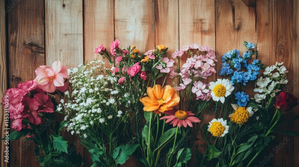 A mix of colorful flowers and greenery arranged against a wooden wall, adding a fresh and vibrant touch to the rustic decor. A mix of colorful flowers and greenery arranged against a wooden wall, adding a fresh and vibrant touch to the rustic decor.