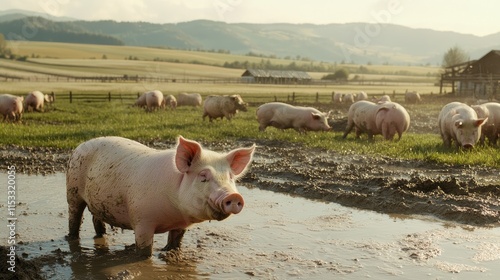 A peaceful rural pig farm with content pigs wallowing in a mud bath, set against a serene countryside backdrop of rolling hills. photo