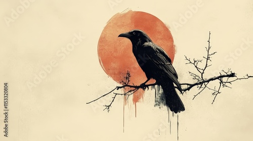 Minimalist raven icon perched on a branch, encircled by flowing bronze ink, showcasing clean lines and elegant simplicity in this abstract design, symbolizing mystery, nature, and solitude. photo