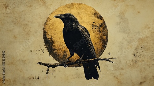 Minimalist raven icon perched on a branch, encircled by flowing bronze ink, showcasing clean lines and elegant simplicity in this abstract design, symbolizing mystery, nature, and solitude.