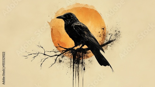 Minimalist raven icon perched on a branch, encircled by flowing bronze ink, showcasing clean lines and elegant simplicity in this abstract design, symbolizing mystery, nature, and solitude. photo