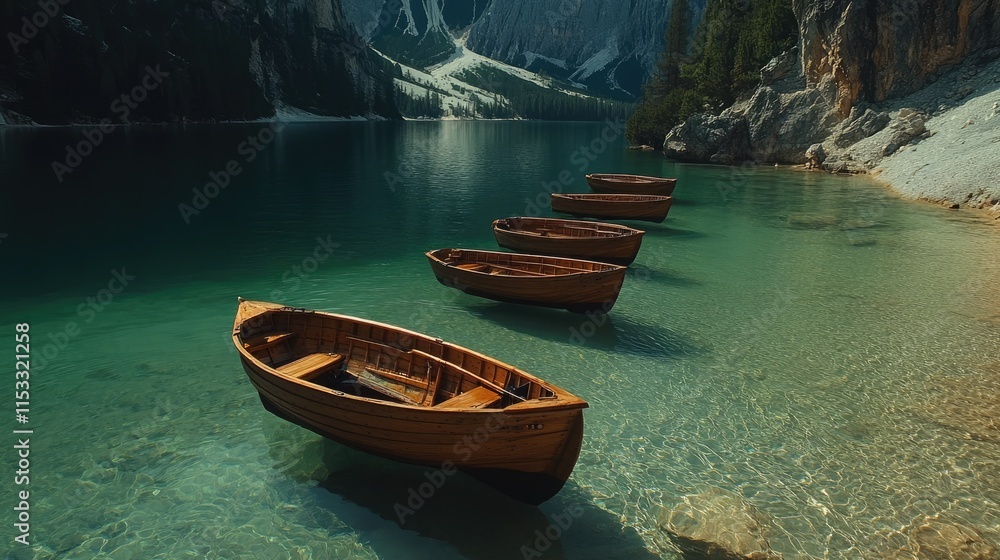 Obraz premium A serene view of boats floating on the clear waters of Braies Lake in the Dolomites, surrounded by majestic mountains and vibrant nature. -
