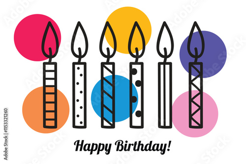 Birthday cake candles with fire flame. Small wax sticks with burning wick isolated on white background. Cute greeting card.