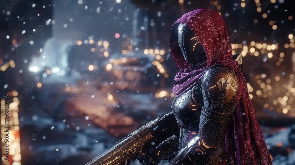 Naklejka premium A futuristic warrior in hooded armor stands in the snow, holding a powerful weapon. The glowing background contrasts with the falling snowflakes, creating a dramatic sci-fi atmosphere.. AI Generation