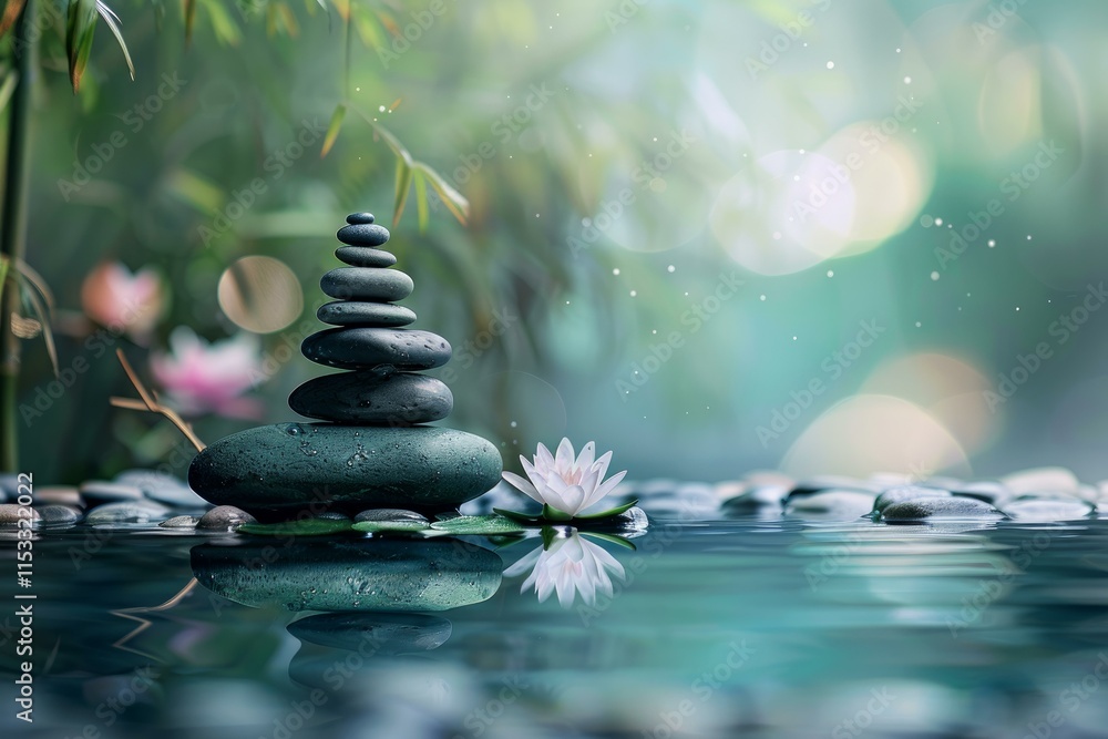 Serene spa setting featuring a stack of balancing zen stones, a lotus flower, and bamboo, creating a tranquil and meditative atmosphere Serene spa setting featuring a stack of balancing zen stones, a lotus flower, and bamboo, creating a tranquil and meditative atmosphere