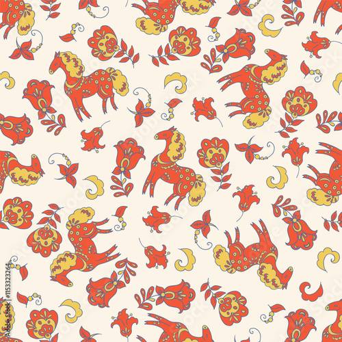 Cute ethnic horses seamless vector pattern. Baby background