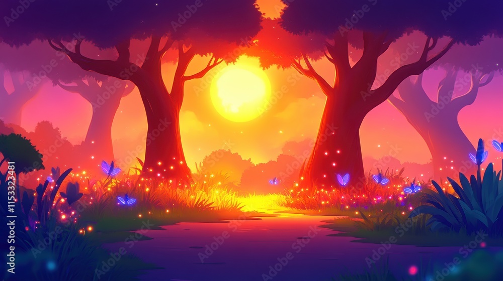 Magical sunset forest path. Magical sunset forest path.