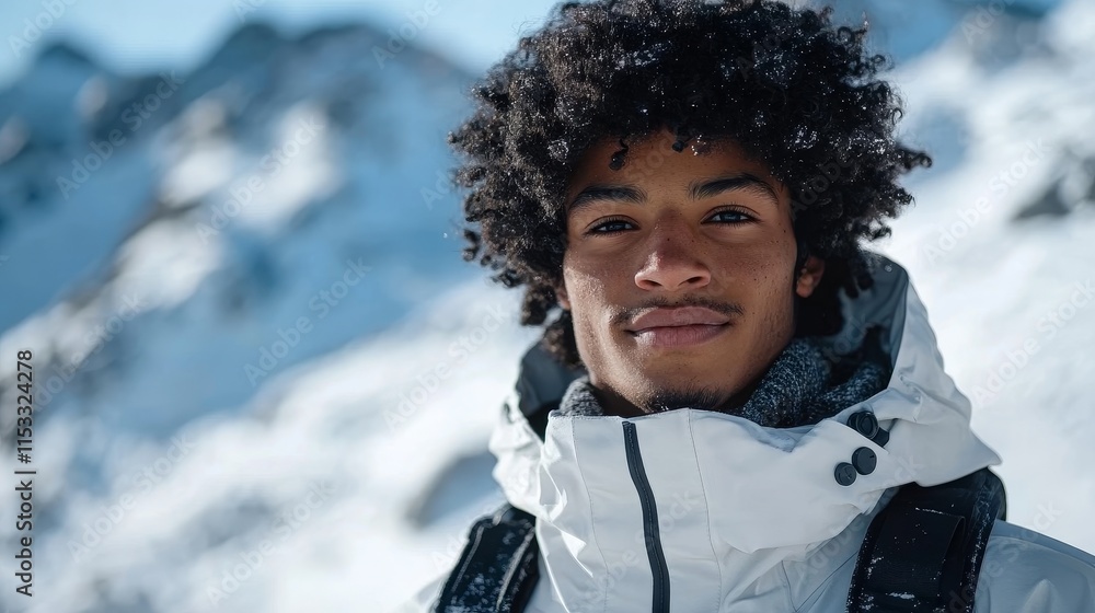 A short-haired, black-haired, curly-haired male snowboarder in a uniform confidently riding on the snowy mountainside, showcasing adventure, winter sports, and active outdoor lifestyle. A short-haired, black-haired, curly-haired male snowboarder in a uniform confidently riding on the snowy mountainside, showcasing adventure, winter sports, and active outdoor lifestyle.