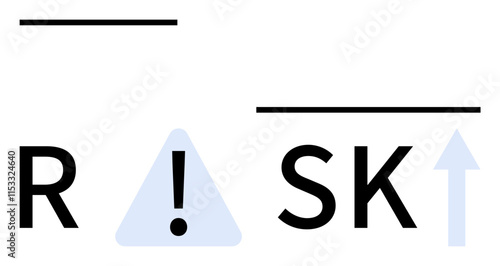 Letters RSK, exclamation mark inside a caution triangle, upward arrow replacing the letter I, horizontal lines, black and light blue colors. Ideal for warning signs, business, finance