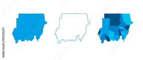 Sudan set of three maps - solid map, outline map and map highlighting administrative divisions. Three distinct maps illustrate various representations of a geographical area.