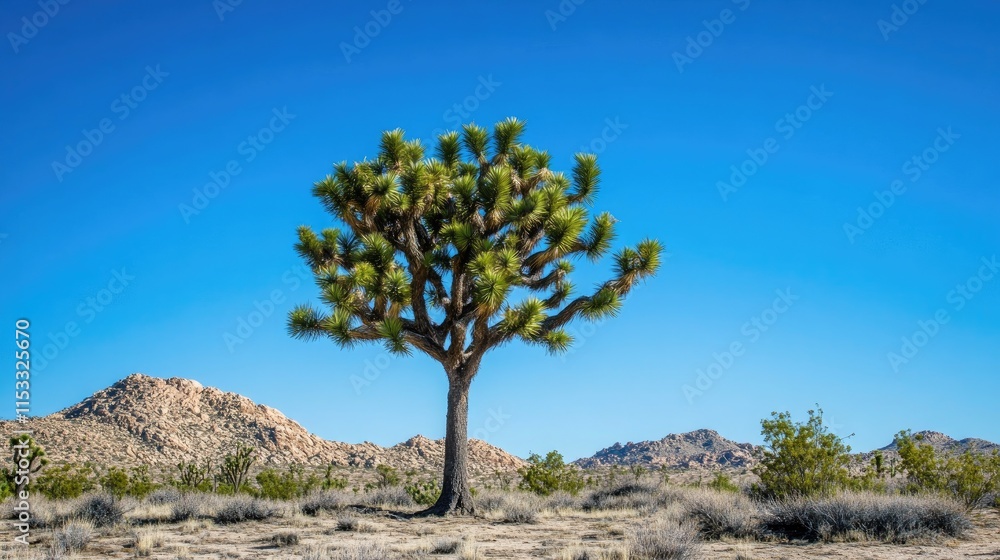 A vibrant green tree thriving in the desert with a clear blue sky in the background, symbolizing hope and resilience in nature. A vibrant green tree thriving in the desert with a clear blue sky in the background, symbolizing hope and resilience in nature.