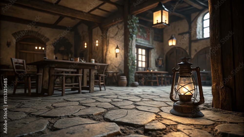 Fototapeta premium Rustic Tavern Interior: Stone Floor, Fractured Walls, Wooden Furniture, Glowing Lantern - Stock Photo