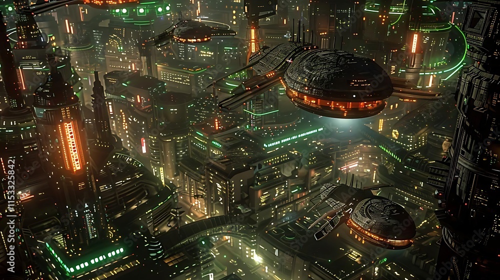 Obraz premium Futuristic city at night with flying vehicles and illuminated buildings.