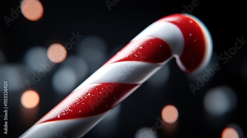 A Close-Up of a Festive Candy Cane with Red and White Stripes, Glistening with a Delicate Frosting Against a Blurred Background of Warm Lights. photo