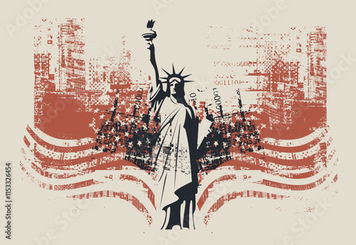 Vector banner or card with the famous American Statue of Liberty on the background of silhouettes New York skyscrapers and flag USA. Decorative illustration of US landmark in grunge style