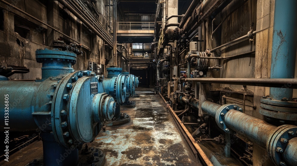 A wide-angle shot of an industrial boiler room with large blue pumps, metal pipes, and valves in a water treatment facility setting. A wide-angle shot of an industrial boiler room with large blue pumps, metal pipes, and valves in a water treatment facility setting.