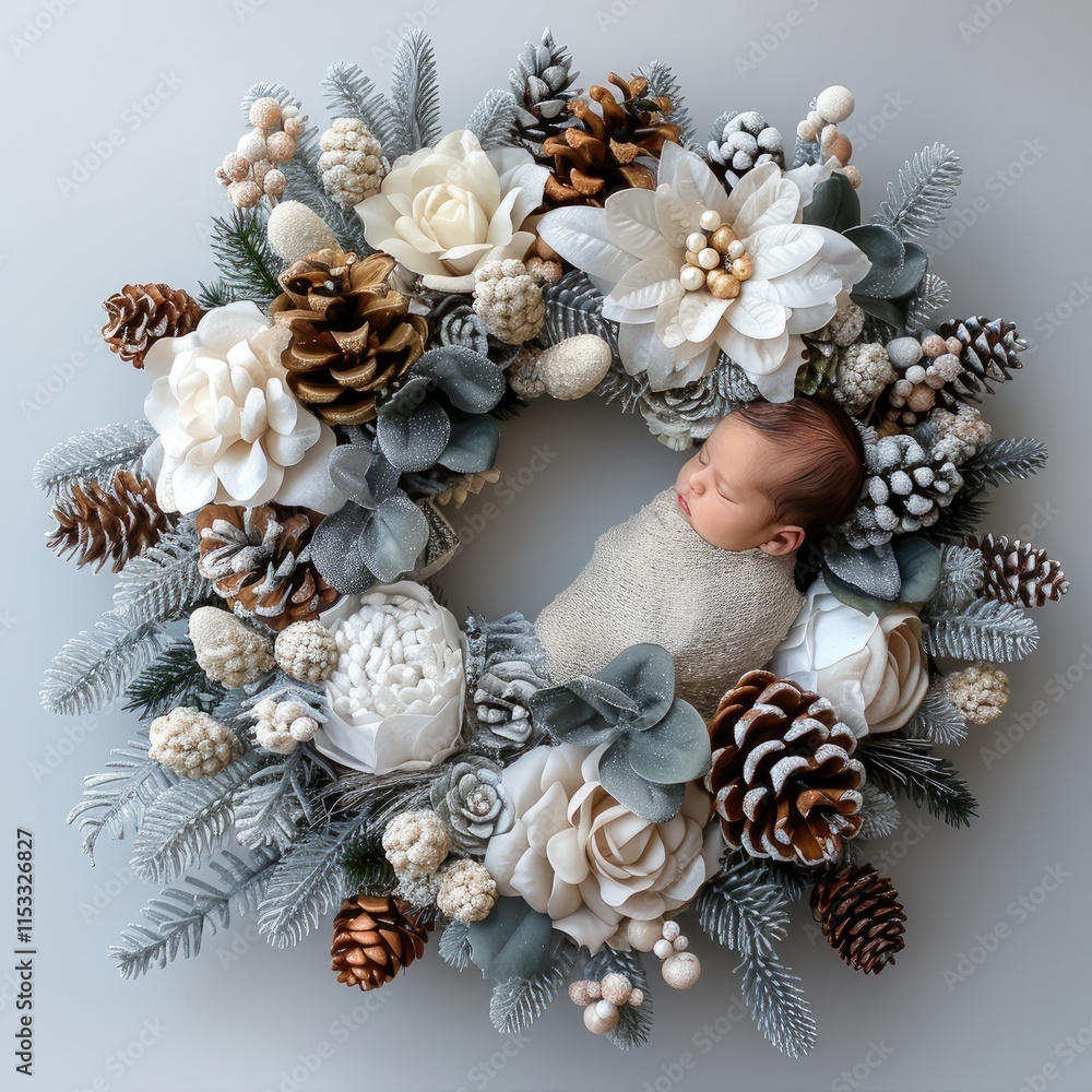 Obraz premium Top down lay flat wreath for newborn setups with silver and white colors for Christmas.