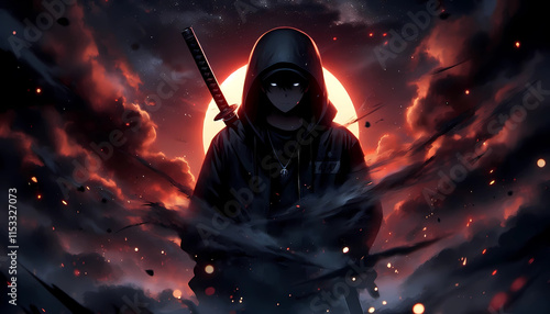 Anime guy with sword on black hole background, illustration