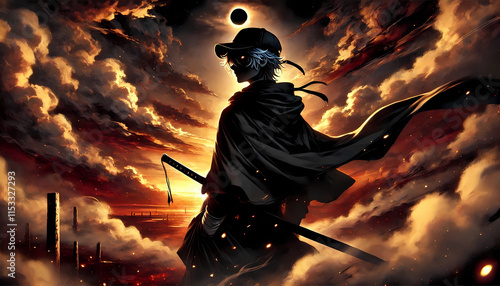 Anime guy with sword on black hole background, anime background