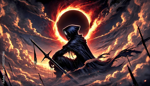Anime guy with sword on black hole background, anime wallpaper