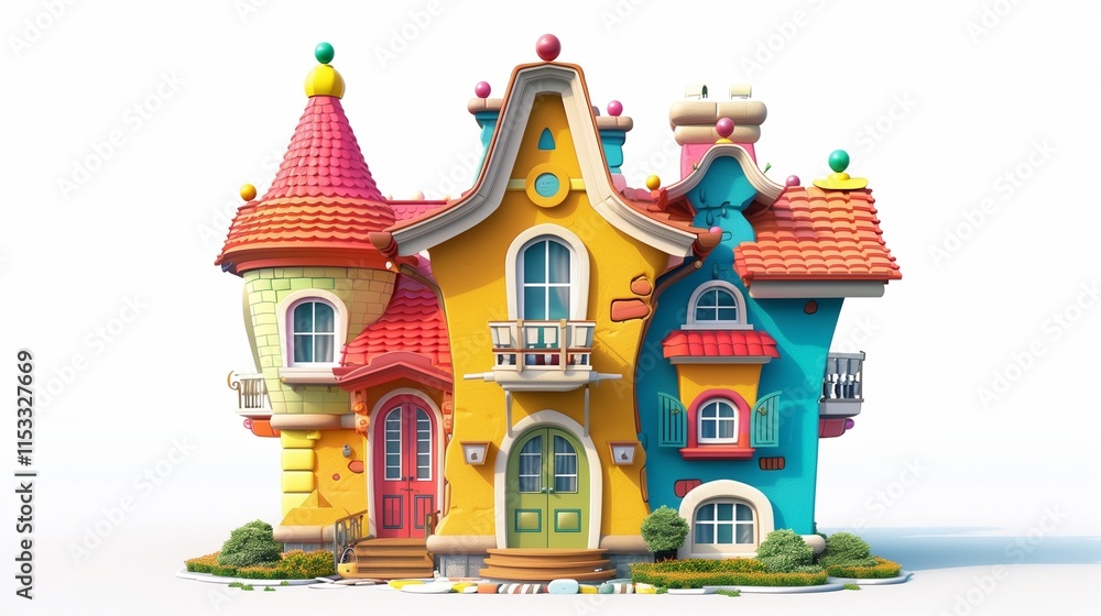 A 3D-rendered cartoon house with a unique shape, oversized doors, and cheerful color patterns, set against a clean white background A 3D-rendered cartoon house with a unique shape, oversized doors, and cheerful color patterns, set against a clean white background