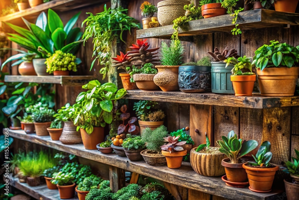 Fototapeta premium Rustic Wooden Shelves with Potted Plants: Home & Garden Decor