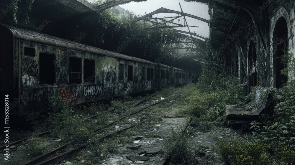Naklejka premium Abandoned railway station with weathered, graffiti-tagged train cars, broken windows, and overgrown weeds, creating a haunting post-apocalyptic feel.