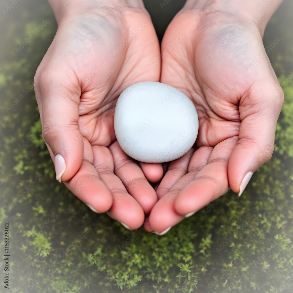 Caring Hands Holding Smooth Stone on Vibrant Green Moss Caring Hands Holding Smooth Stone on Vibrant Green Moss