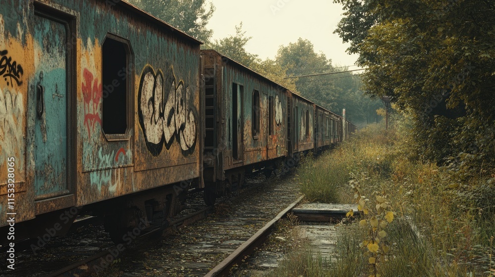 Fototapeta premium Abandoned railway station with weathered, graffiti-tagged train cars, broken windows, and overgrown weeds, creating a haunting post-apocalyptic feel.