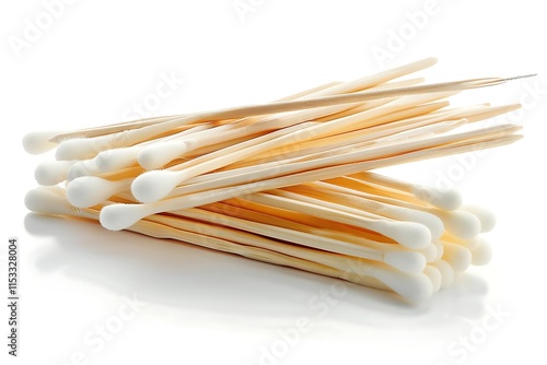 Close-up of a pile of wooden cotton swabs on a white background. photo