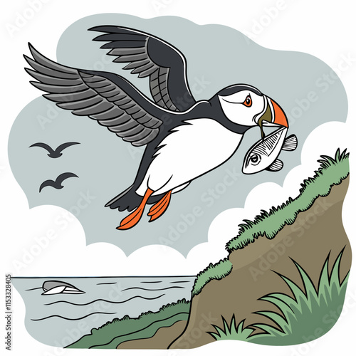 A puffin soaring to its nest with fish in its beak, feeding its hungry chicks