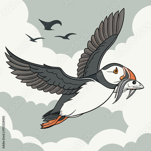 A puffin soaring to its nest with fish in its beak, feeding its hungry chicks