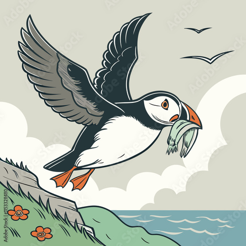 A puffin soaring to its nest with fish in its beak, feeding its hungry chicks