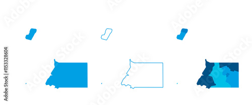 Equatorial Guinea set of three maps - solid map, outline map and map highlighting administrative divisions. Three distinct maps illustrate various representations of a geographical area.