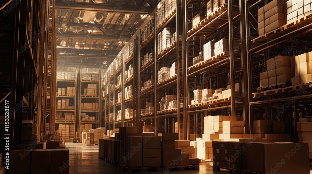 Fototapeta premium An expansive distribution warehouse with towering shelves, filled with boxes and goods, illustrating the logistics and storage industry.