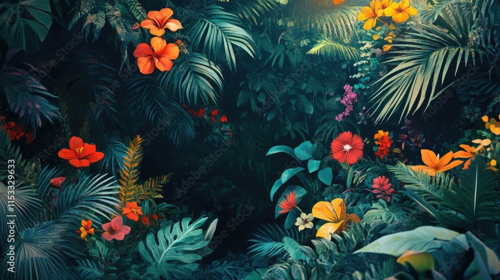 Obraz premium Exotic jungle filled with vibrant flowers and plants, their rich colors popping against the lush green backdrop of the tropical forest.