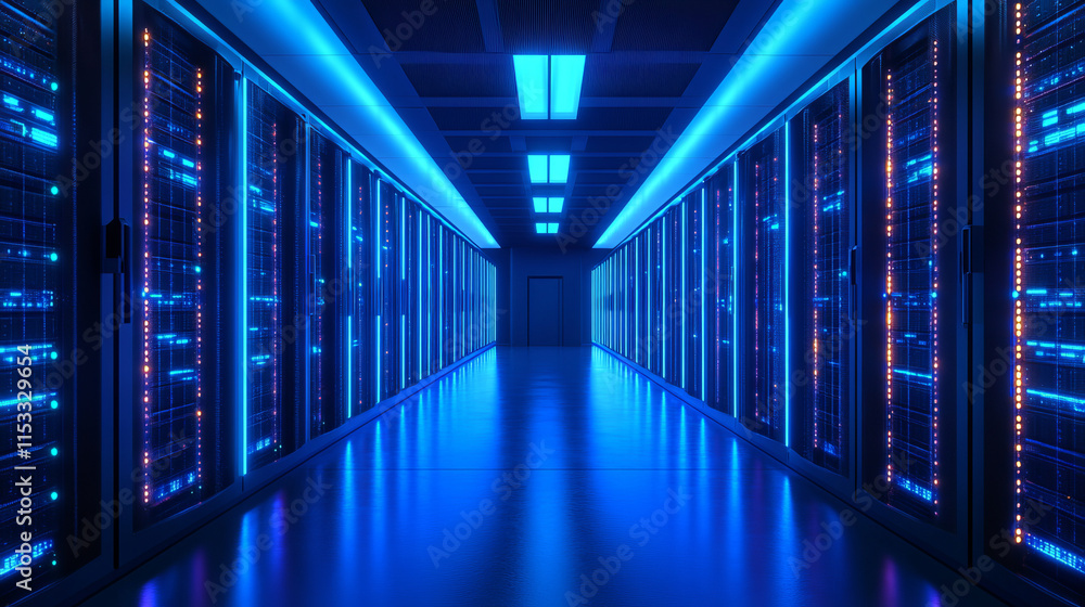Futuristic Blue Illuminated Data Center Server Room with High-Tech Servers and Network Infrastructure Futuristic Blue Illuminated Data Center Server Room with High-Tech Servers and Network Infrastructure