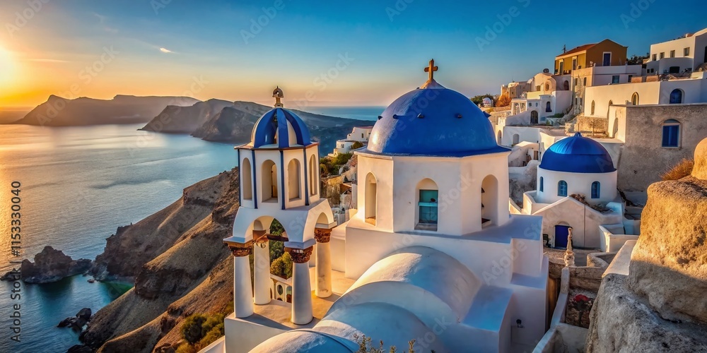 Fototapeta premium Santorini Oia Greece: Traditional Church, Whitewashed Buildings, Caldera View - Stock Photo