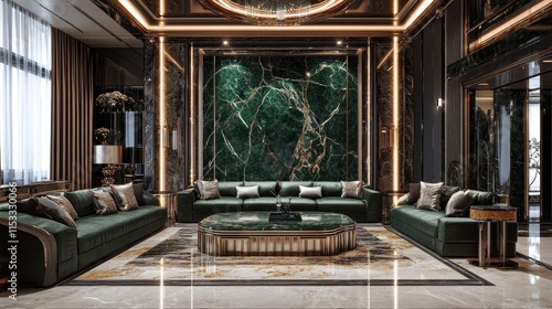 Green marble slab on a luxurious interior surface with stylish furniture and decorative elements, showcasing opulence and modern design.