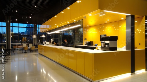 A modern yellow kitchen with sleek white countertops and contemporary lighting, creating a welcoming atmosphere.