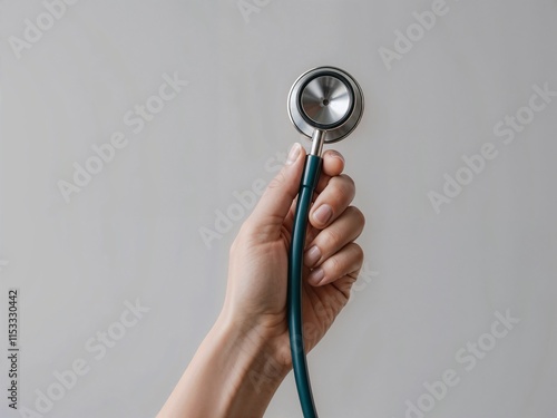 A hand holding a stethoscope against a plain background  photo