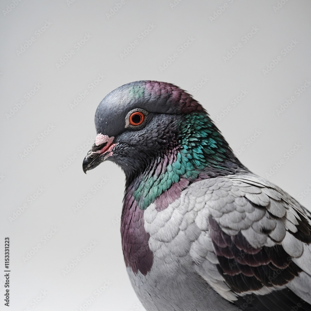 A pigeon with a metallic sheen to its feathers on a white background. A pigeon with a metallic sheen to its feathers on a white background.