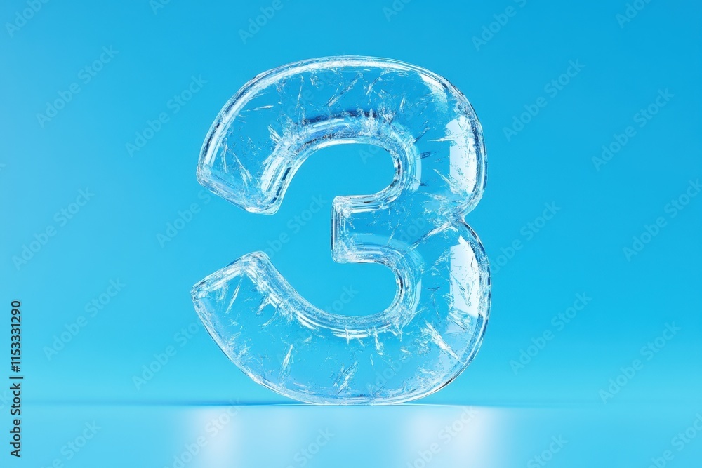 The number 3 is made of ice and is floating on a blue background The number 3 is made of ice and is floating on a blue background