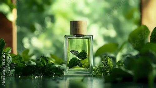 Refreshing Herbal Fragrance: A Luxurious Green Scent with Mint Essence, Exquisite Glass Bottle, Captivating Aroma, Natural Botanicals, Calming Ambiance, Aromatic Infusion, 