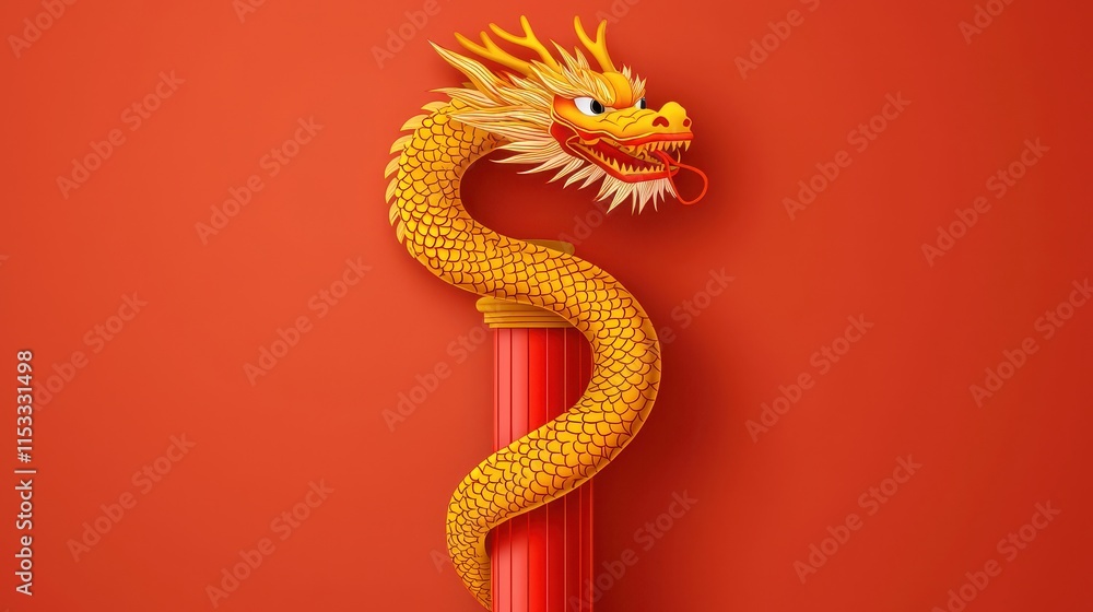 Obraz premium A vibrant golden dragon entwined around a red column, set against a bold red background, symbolizing power and strength.