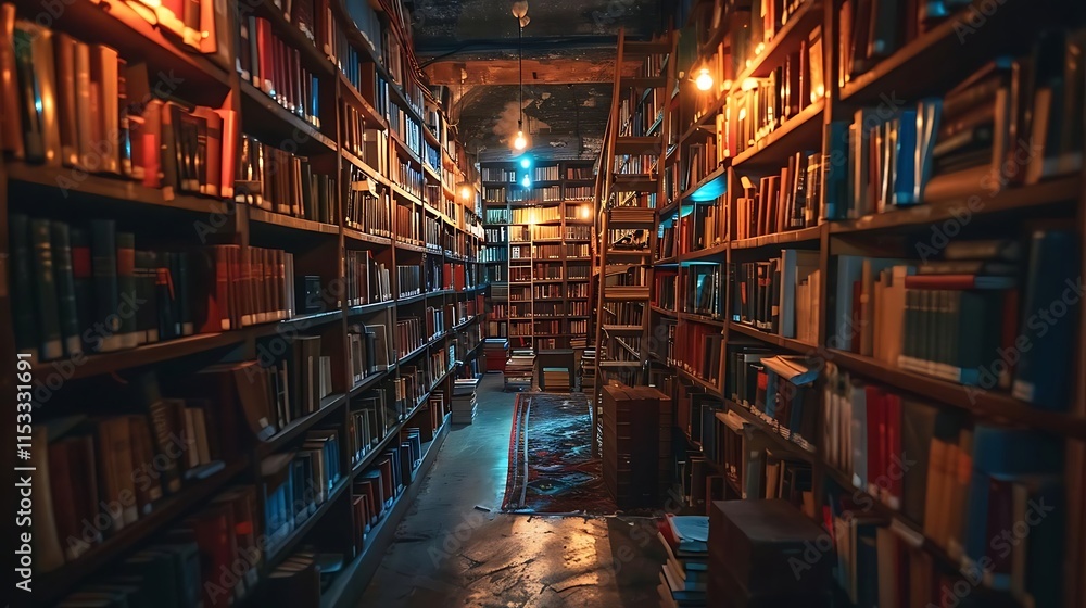 A dimly lit library aisle with wooden bookshelves filled with numerous books. A dimly lit library aisle with wooden bookshelves filled with numerous books.